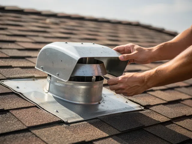 Cuyahoga Falls Dryer Vent Cleaning certified technician safely cleaning a roof-mounted dryer vent in Cuyahoga Falls