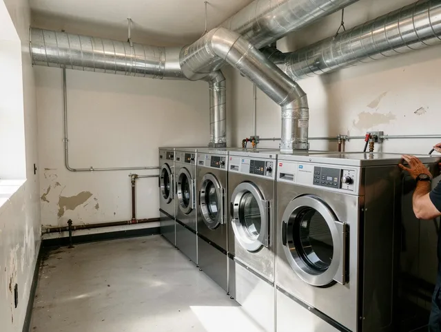 Cuyahoga Falls Dryer Vent Cleaning team performing large-scale commercial dryer vent cleaning in Cuyahoga Falls