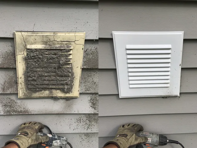 Cuyahoga Falls Dryer Vent Cleaning technician installing high-quality dryer vent cover at a residential property in Cuyahoga Falls