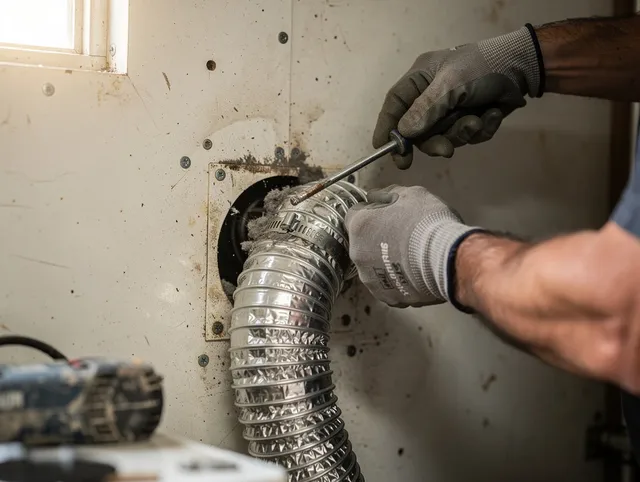 Cuyahoga Falls Dryer Vent Cleaning technician performing precise dryer vent hose installation in Cuyahoga Falls